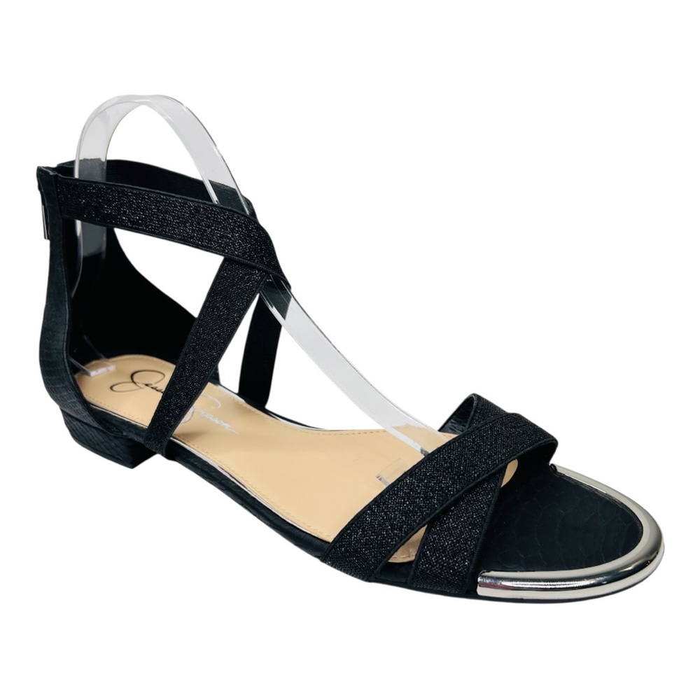 Jessica Simpson Aimlee Black /Silver Ankle Strap Block Low Heel Dressy Sandal